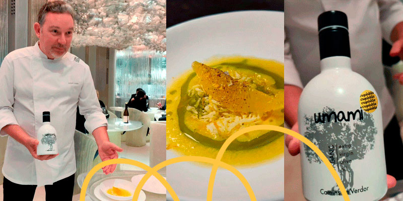 El Chef Albert Adrià usando el Aceite Umami de Camins de Verdor en una de sus creaciones.